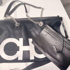 CHO Leather Black Chain Tote with Zip Pouch
